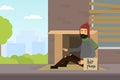 Homeless Man Vagabond Begging for Money Vector Illustration