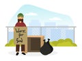 Homeless Man Vagabond Holding Cardboard Begging for Work and Food Vector Illustration