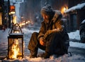 A homeless man warms himself by a fire on the street in a winter snowy city