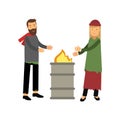 Homeless man and woman warming themselves near the fire, unemployment people needing for help vector illustration Royalty Free Stock Photo