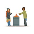 Homeless men and woman warming themselves near the fire, unemployment people needing help vector illustration Royalty Free Stock Photo