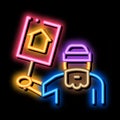 homeless with nameplate house neon glow icon illustration