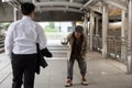 Homeless old man with bowl to beg money Royalty Free Stock Photo