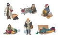 Homeless people. cartoon flat characters set illustration.