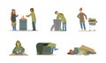 Homeless People Characters Living on the Streets Looking Hungry and Dirty Vector Set