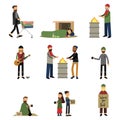 Homeless people, kids and vagabonds begging money, needing help set of cartoon vector illustrations Royalty Free Stock Photo