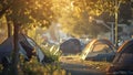 Homeless people tent camp lit by sunrise light in urban park Royalty Free Stock Photo