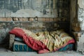 Homeless person living place with ragged discarded old broken bed with an dirty mattress and bedding. Empty homeless Royalty Free Stock Photo