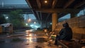 Homeless person sitting on a sidewalk under a bridge on a rainy evening, AI-generated.