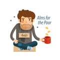 Homeless. Poor man in dirty rags with mug in hand begging. Vector illustration Royalty Free Stock Photo