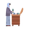 Homeless poor man looking for food leftovers, flat vector illustration isolated.