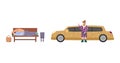 Homeless poor man and rich woman getting out of car, flat vector illustration.