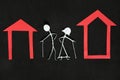 Homeless seniors, retirement home or abandoned old people concept. Elderly couple stick figure in dark black background creative Royalty Free Stock Photo