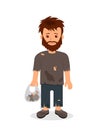 Homeless. Shaggy man in dirty rags and with a bag in his hand. Isolated character for infographics
