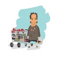 Homeless. Shaggy man in dirty rags with shopping cart. Vector