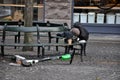 HOMELESS SLEEPING OU ON BENCH IN COLD IN COPENHAGEN