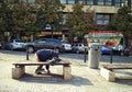 Homeless sleeps on a bench in Wenceslas Square