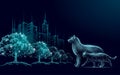 Homeless street animals in the city. Urban stray cat street dogs. Adopt a pet banner. 3D low poly city buildings park
