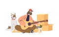 Homeless tramp beggar guy singing playing guitar begging money for food for jobless man and dog