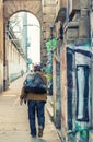 Homeless walking along Manhattan Bridge, New York City Royalty Free Stock Photo