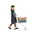 Homeless woman pushing shopping cart with her possessions, unemployment male needing for help cartoon vector Royalty Free Stock Photo