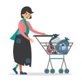 Homeless woman walkign with a shopping cart