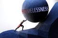 Homelessness as a problem that makes life harder - symbolized by a person pushing weight with word Homelessness to show that