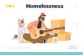 Homelessness concept of landing page with homeless tramp beggar guy playing guitar begging money