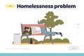 Homelessness problem concept of landing page with man tramp sleeping outdoors on bench in park