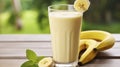 The Homely Charm of a Banana Smoothie on a Wooden Table. Generative AI
