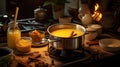 Homely kitchen scene with simmering pot and ingredients. AI Generated