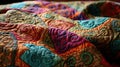 homemade Afghan patterned quilt. background texture - full frame close up of colorful crocheted traditional blanket