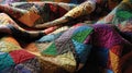 homemade Afghan patterned quilt. background texture - full frame close up of colorful crocheted traditional blanket