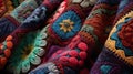 homemade Afghan patterned quilt. background texture - full frame close up of colorful crocheted traditional blanket