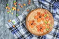 Homemade air-nut cake with chocolate cream, boiled condensed milk, candied fruit, nuts and dried apricot on grey wooden background Royalty Free Stock Photo