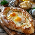 Homemade Ajarian Khachapuri with Sulguni Cheese Filled with a Raw Egg and Melted Butter Close Up