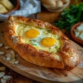 Homemade Ajarian Khachapuri with Sulguni Cheese Filled with a Raw Egg and Melted Butter Close Up