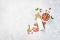 Homemade almond milk in a small bottle. Dairy-free milk replacer, healthy food. Royalty Free Stock Photo