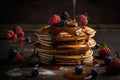 Homemade american pancakes with berry and honey. Breakfast with raspberry blackberry and blueberry. Generative Ai Royalty Free Stock Photo