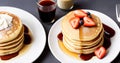 Homemade American pancakes with honey, caramel sauce or syrup with fresh blueberries, raspberries and strawberries on a