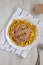 Homemade Animal Style French Fries on a white plate on a white wooden background, overhead view. Flat lay, top view, from above Royalty Free Stock Photo