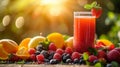 Homemade antioxidant summer fruit smoothie on rustic table. Glass of fresh squeezed juice surrounded by colorful berries Royalty Free Stock Photo