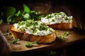 Homemade appetizer crostini with soft cheese cream herbs on a wooden table