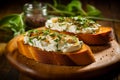 Homemade appetizer crostini with soft cheese cream herbs on a wooden table