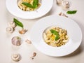 Homemade appetizing penne pasta with mushrooms, cheese parmesan creamy sauce and fresh basil. Traditional Mediterranean cuisine. Royalty Free Stock Photo
