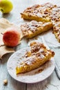 Homemade apple and almond cake. Piece of pie on white plate and fresh fruits