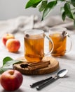 Homemade apple cider with apples and cinnamon in cups on a wooden board on a light background with fresh fruits, spices and branch