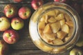 Homemade apple cider vinegar in glass jar with apples on counter Royalty Free Stock Photo