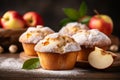Homemade apple cinnamon muffins on blurred background with copy space, easy recipe concept