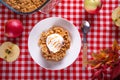 Homemade apple cramble crisp cake on white plate with autumn leaves on the red checkered background Royalty Free Stock Photo